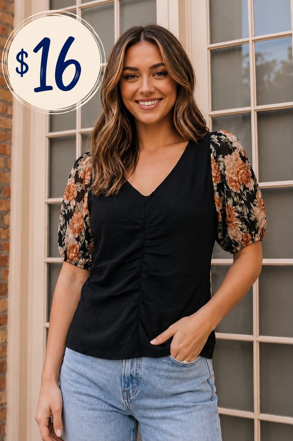 Black Floral Puff Sleeve Blouse