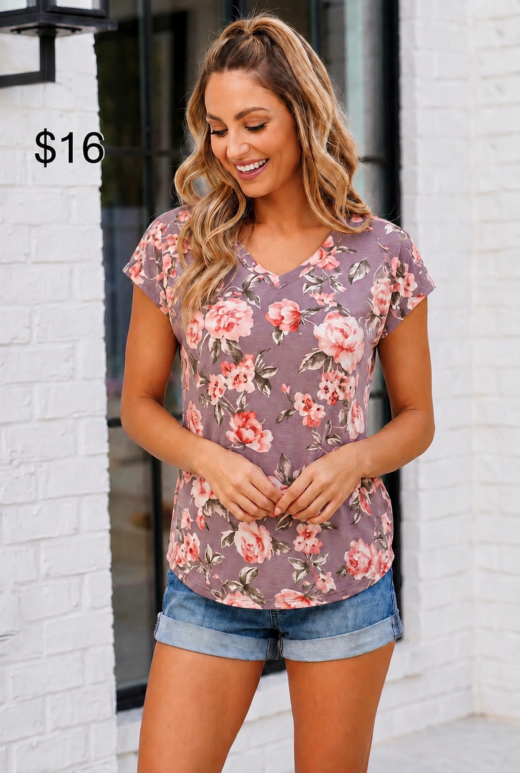 Dusty Mauve Floral V-Neck Top